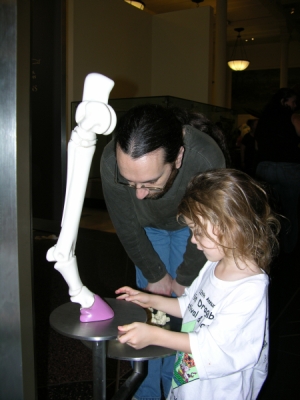 Peo and Daddy look at the museum's model of a hoof.